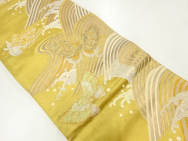 JAPANESE KIMONO / FUKURO OBI / SILK / WOVEN ROUGH WAVE & BUTTERFLY